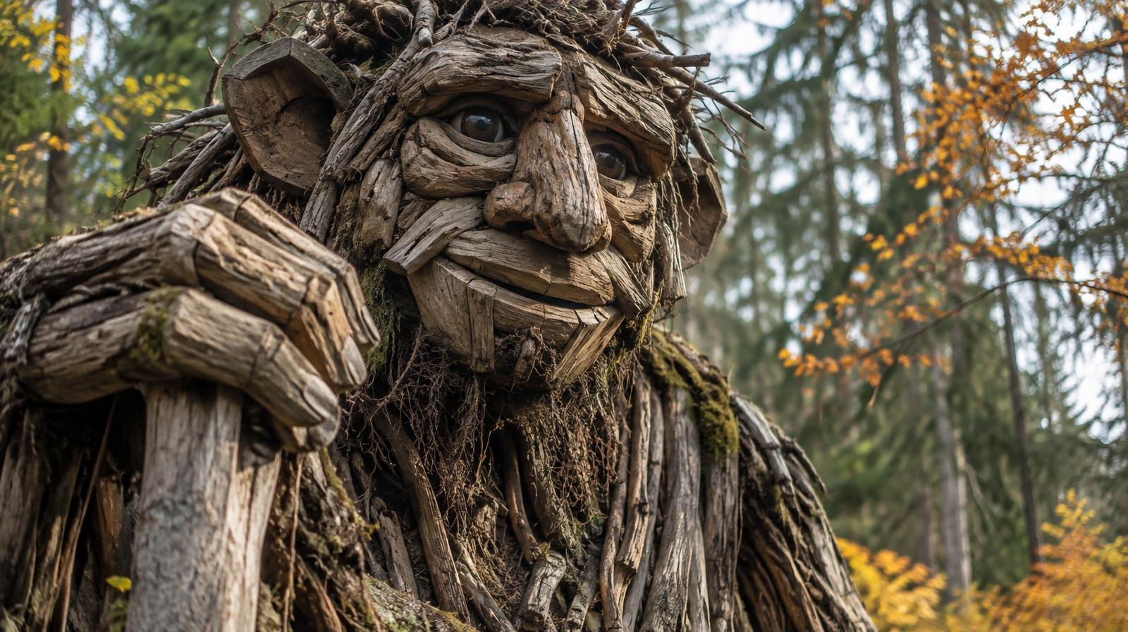A large whimsical troll figure made from weathered wood branches stands among tall trees.