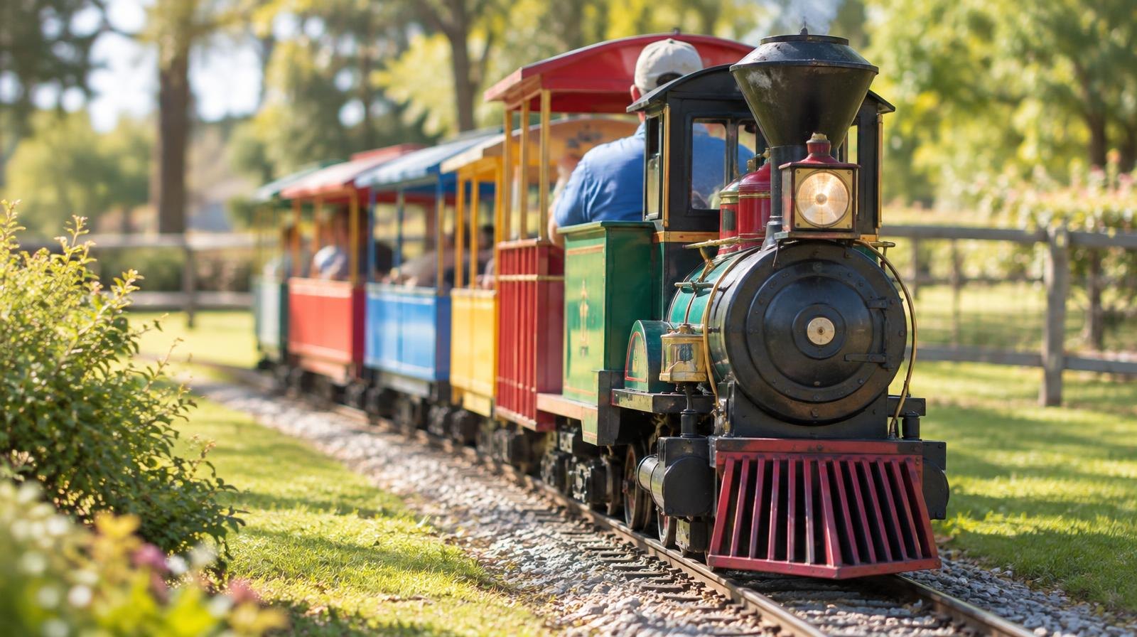 A small colorful passenger train on narrow-gauge tracks winding through a sunny park.