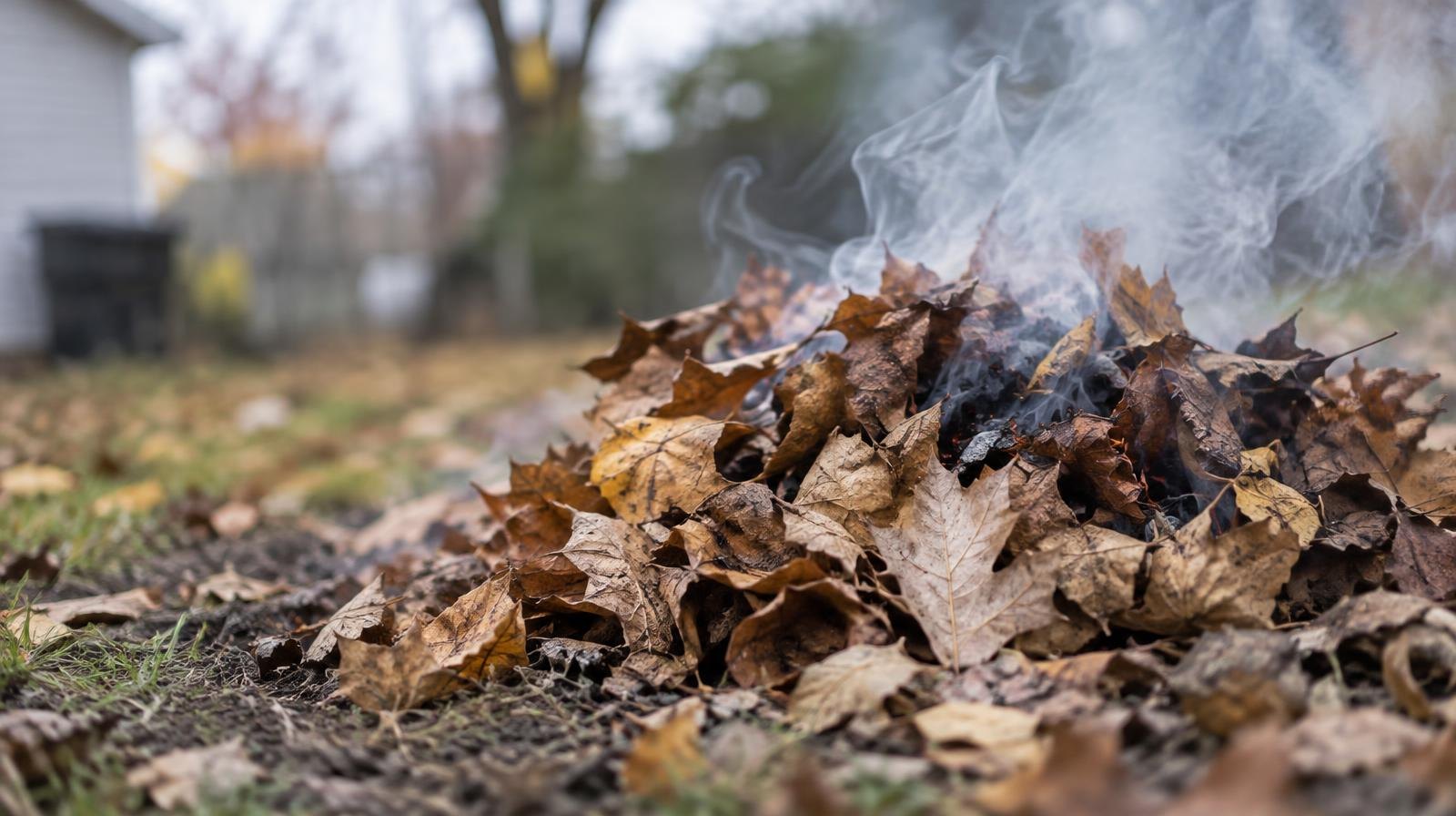 A small pile of dry autumn leaves smoldering with wisps of smoke rising.