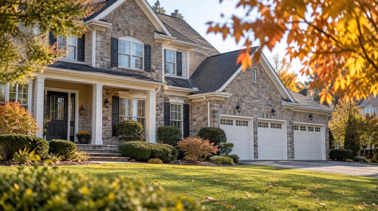Large upscale suburban house with stone facade and manicured front lawn.