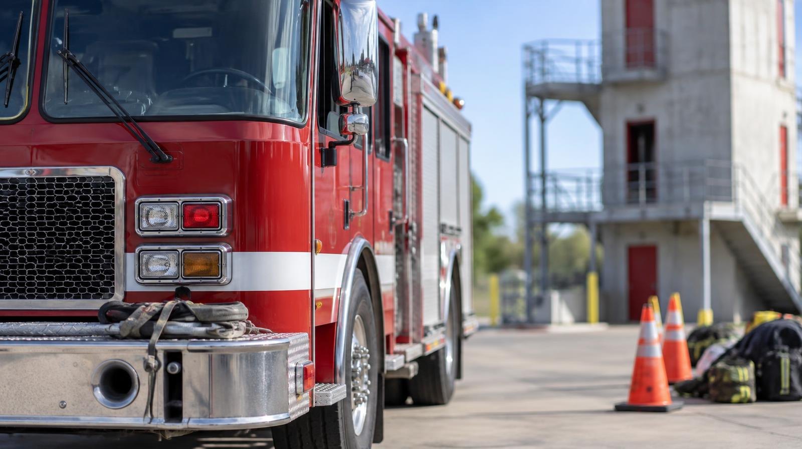 A red fire engine parked outside a modern fire training facility with orange cones nearby.