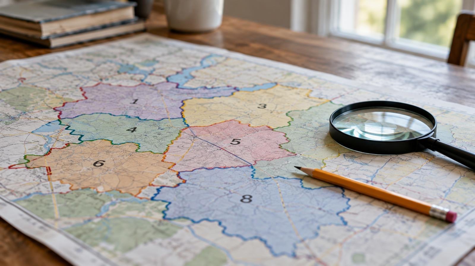 Printed map with colored boundary lines dividing regions into numbered districts.