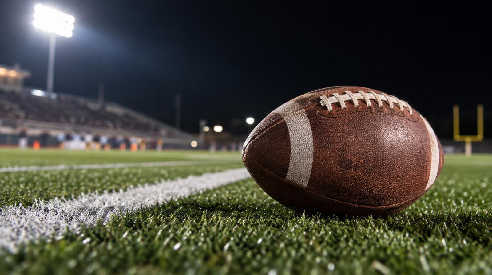 An American football resting on green artificial turf beside a white yard line under stadium lights.