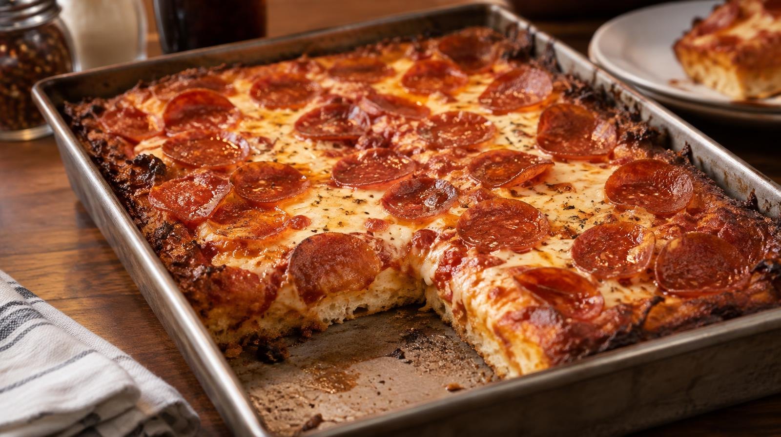 A square pizza with crispy edges and melted cheese in a rectangular steel pan.