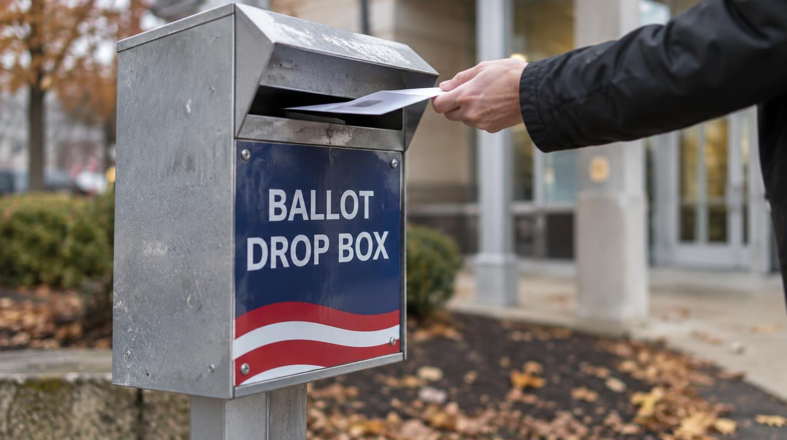 A metal ballot drop box mounted on a post outdoors with fallen leaves nearby.