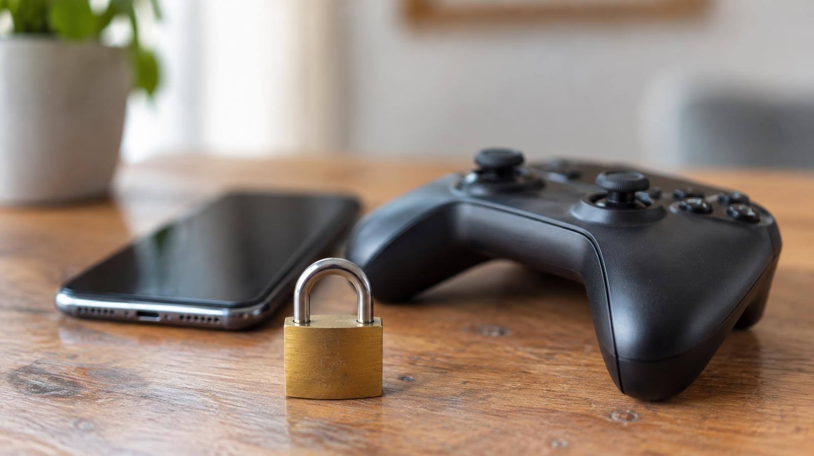 Smartphone and gaming controller on a table with a small padlock in front.