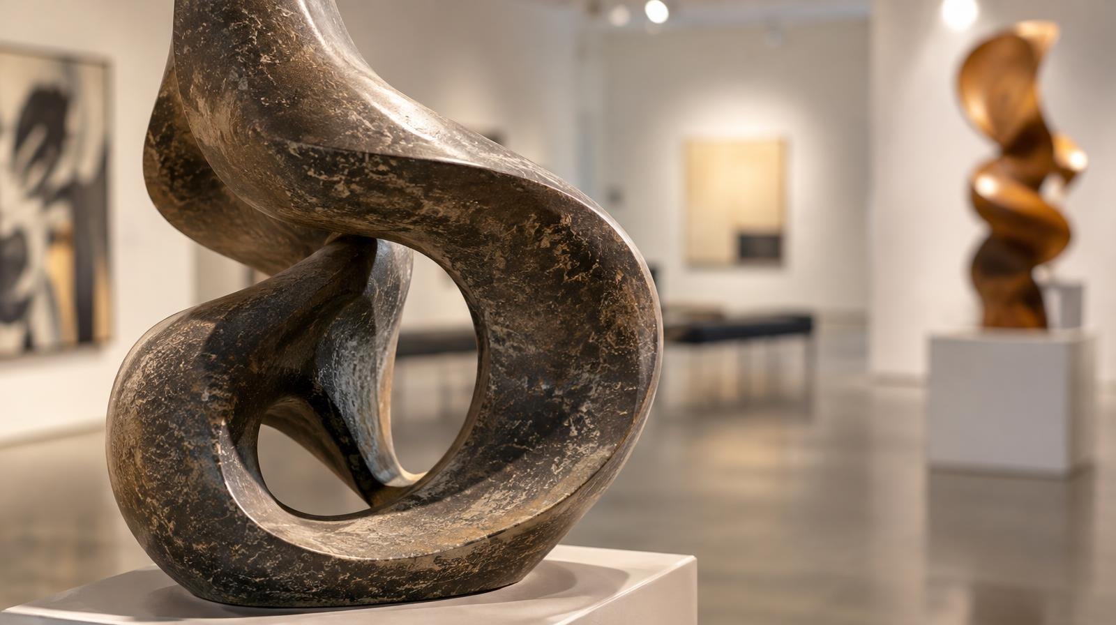 Bright museum gallery with white walls, track lighting, and sculptures on pedestals.