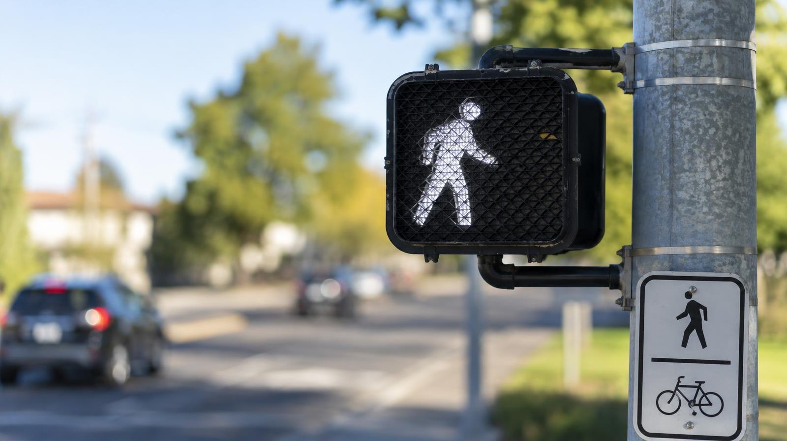 Pedestrian and bicycle trail crossing signal on a metal pole showing a walk signal.