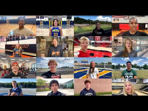 Composite grid of student athletes speaking to camera at various school athletic facilities.