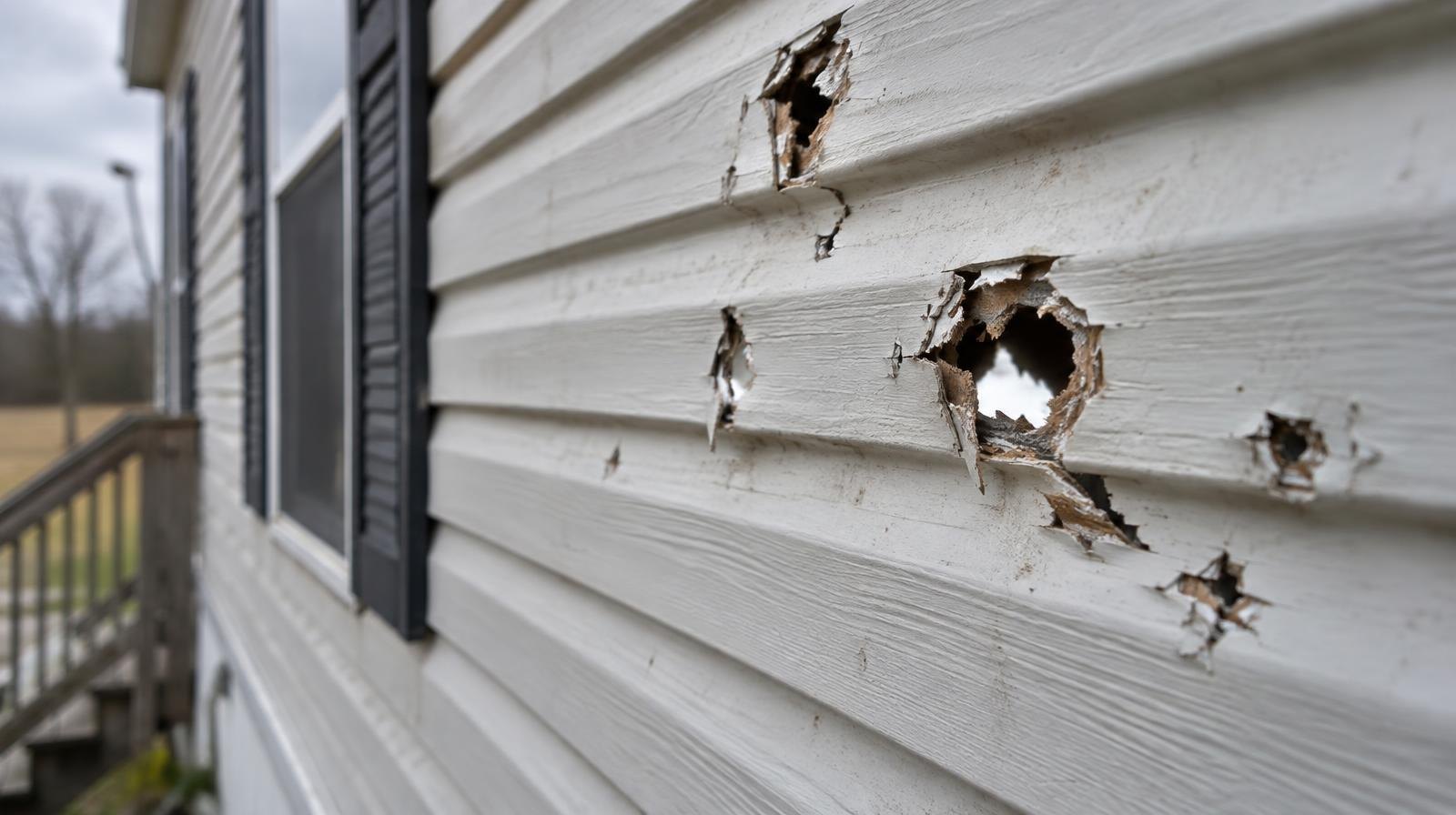 Multiple bullet holes punched through the exterior wall of a mobile home.