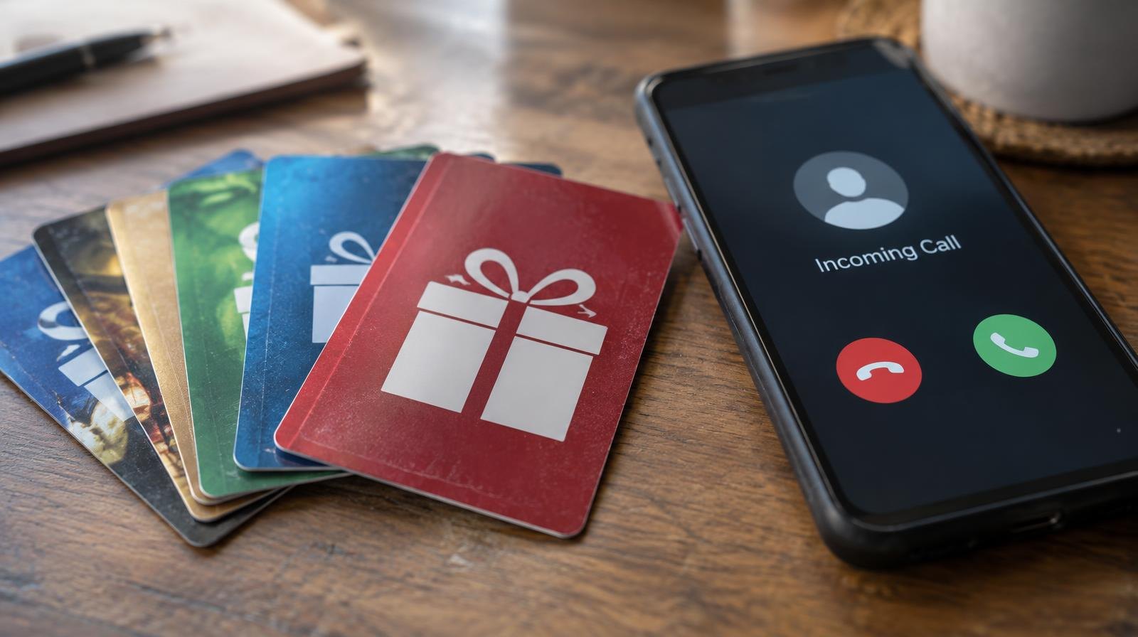 Gift cards fanned out on a table next to a smartphone showing an incoming call.