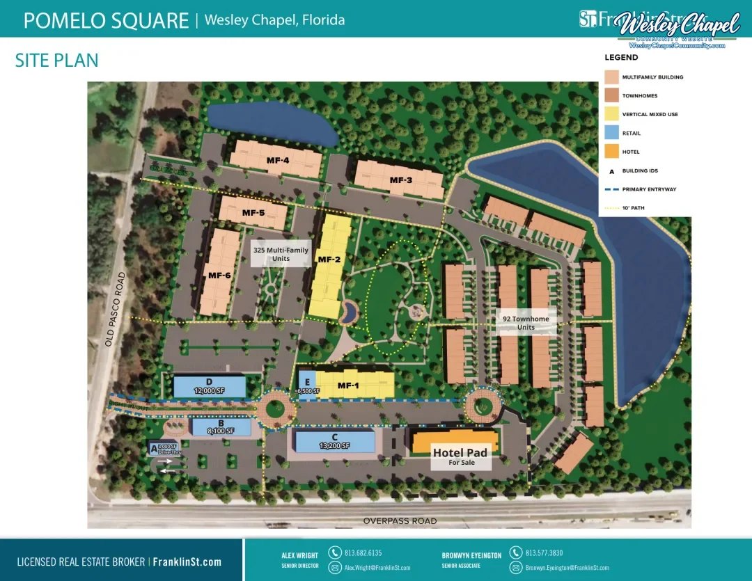 Color-coded site plan showing apartment buildings, townhomes, retail, and a hotel pad.
