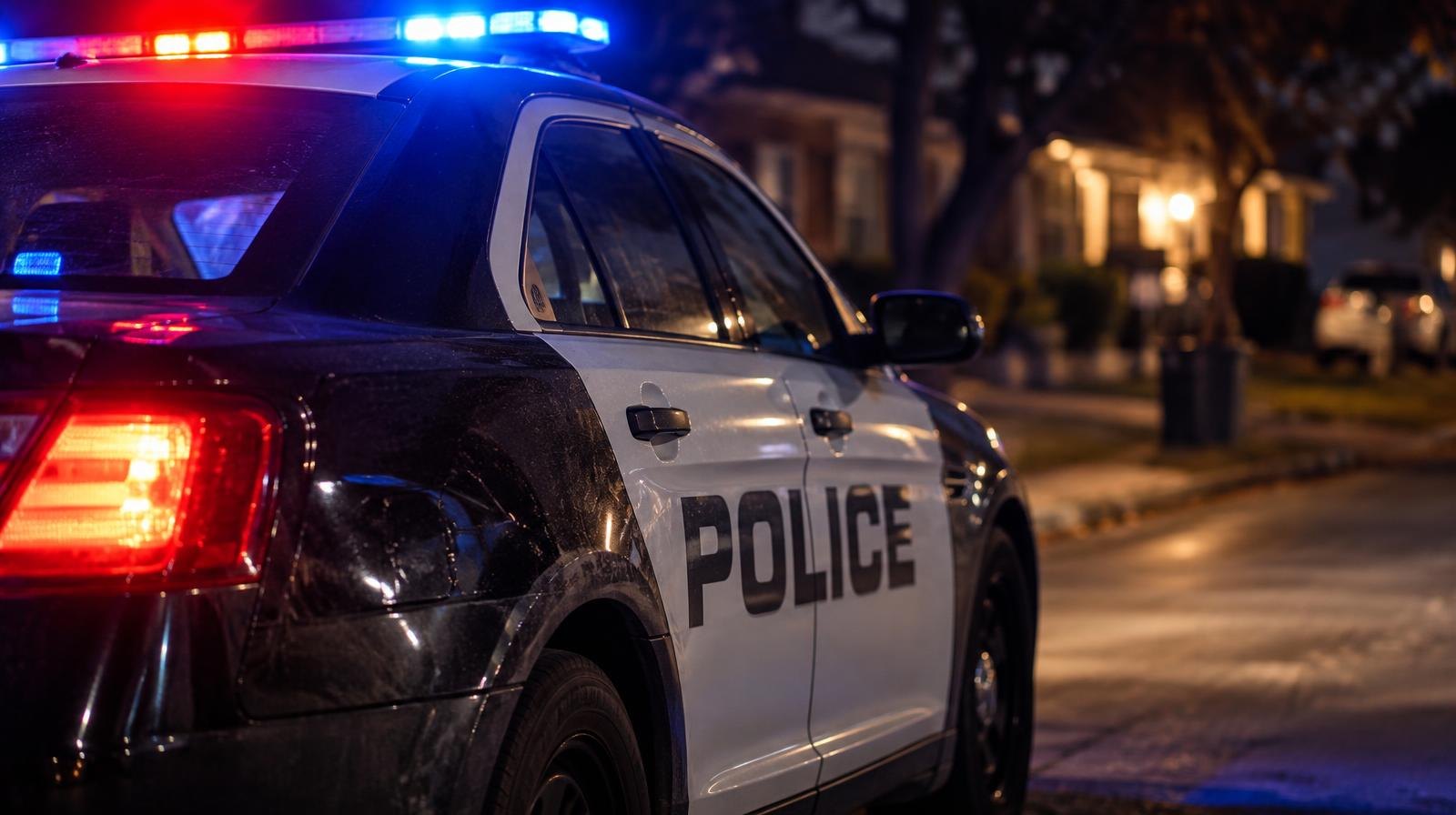 Police patrol car with red and blue emergency lights illuminating a dark street.
