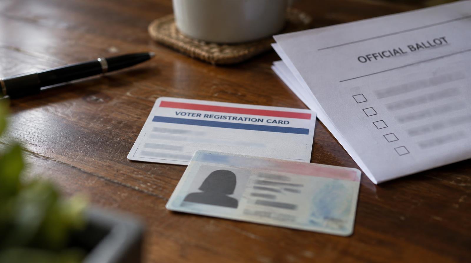 A photo ID card and voter registration card resting on a wooden surface beside a folded ballot.