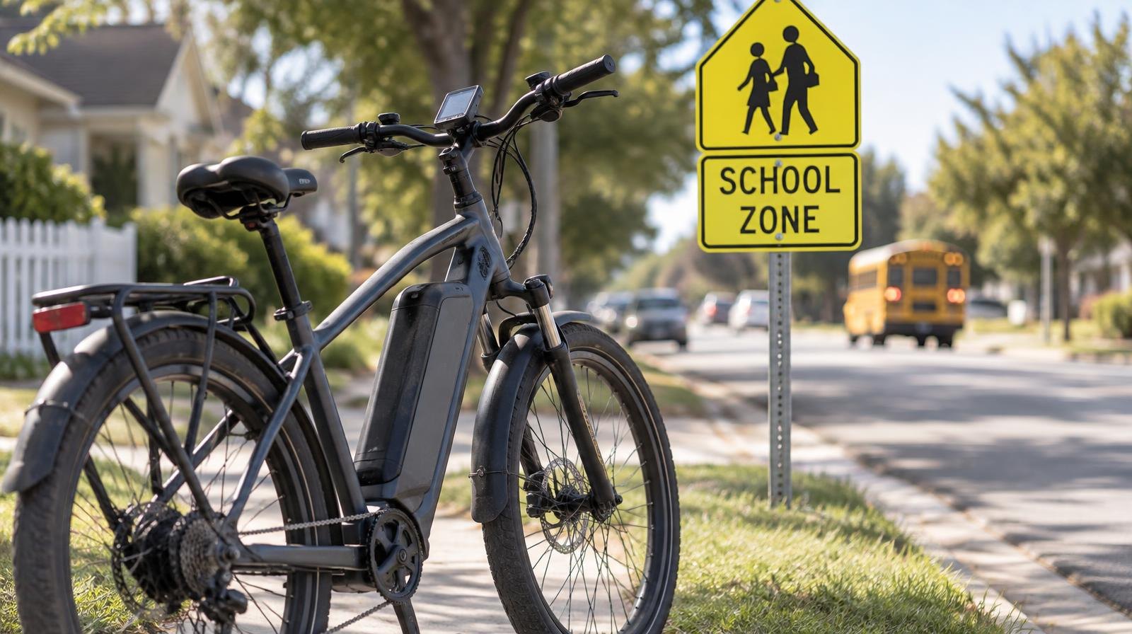 An electric bicycle parked beside a school zone sign on a sunny sidewalk.