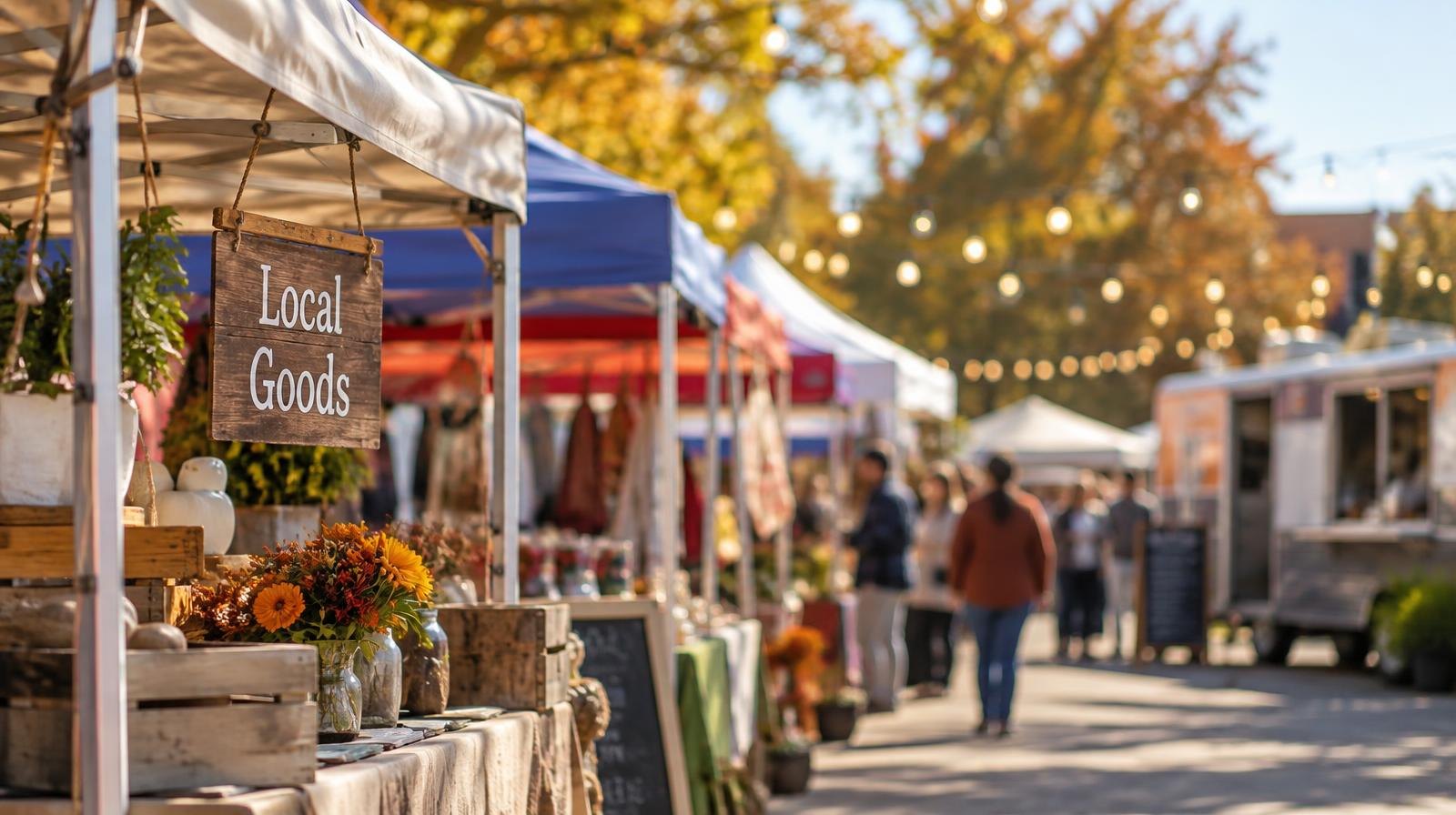 Rows of colorful vendor tents with string lights at an outdoor festival.