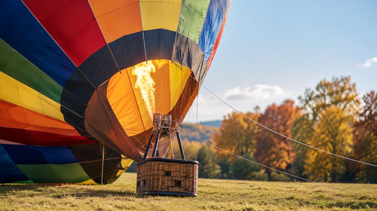 Colorful hot-air balloon envelope inflating on a grassy field with a wicker basket below.