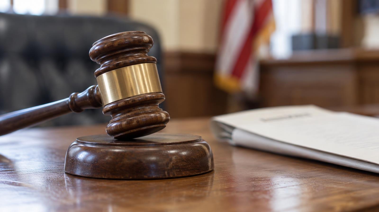 Wooden gavel resting on its sound block beside a folded document.