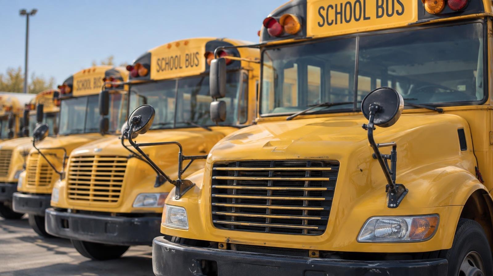 A row of yellow school buses parked side by side outdoors under a clear sky.