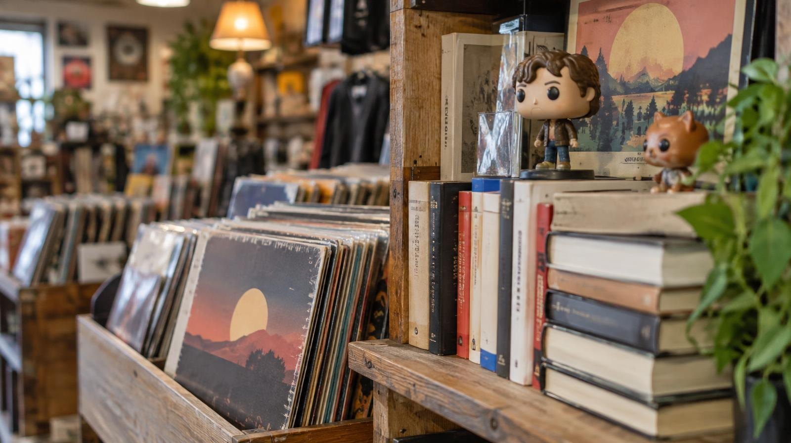 Colorful used books, vinyl records, and collectibles arranged on store shelves.