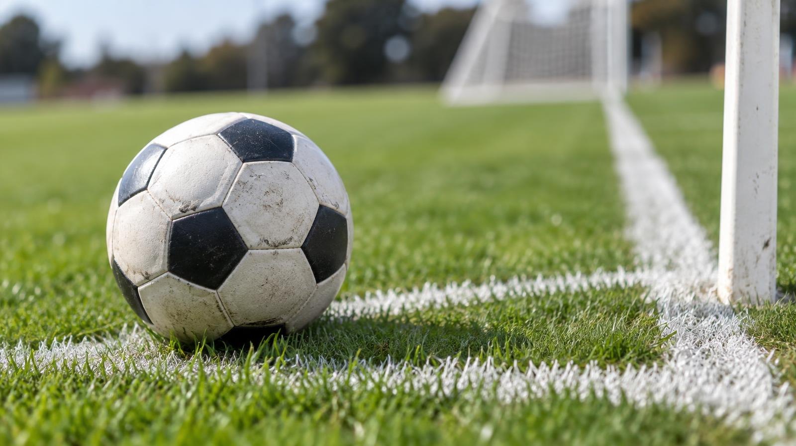 A black-and-white soccer ball resting on green grass near a field corner arc.