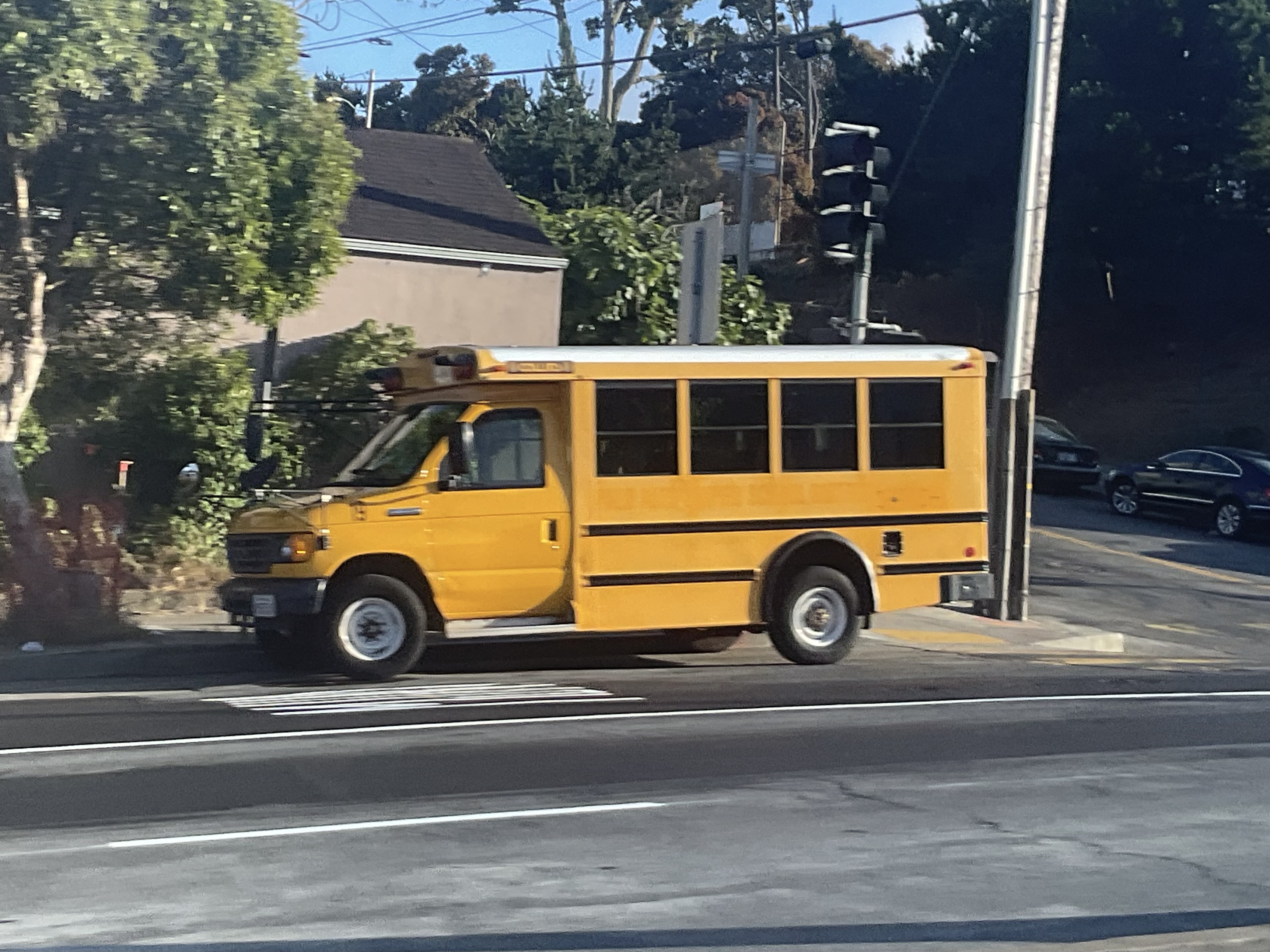 Yellow short school bus traveling on a public street with trees in the background.
