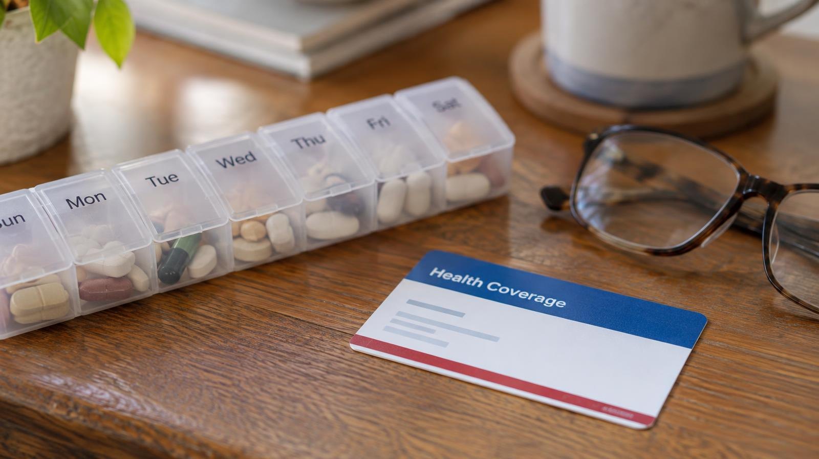 A Medicare card and pill organizer beside reading glasses on a wooden table.