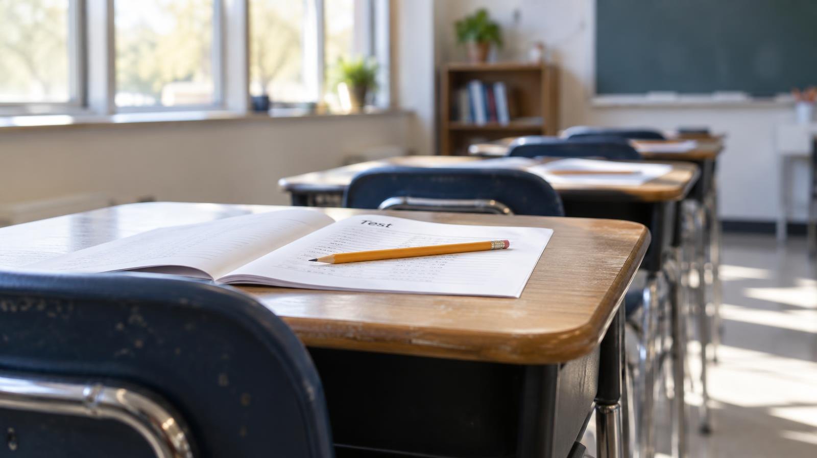 Empty student desks in a bright classroom, each with an open test booklet and pencil.