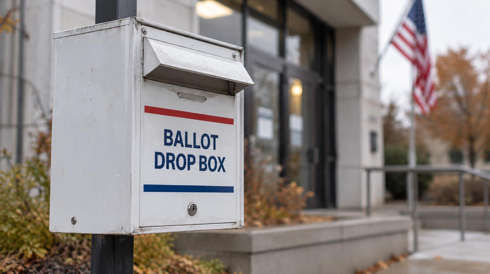 A ballot drop box mounted on a post near a building entrance with a flag.