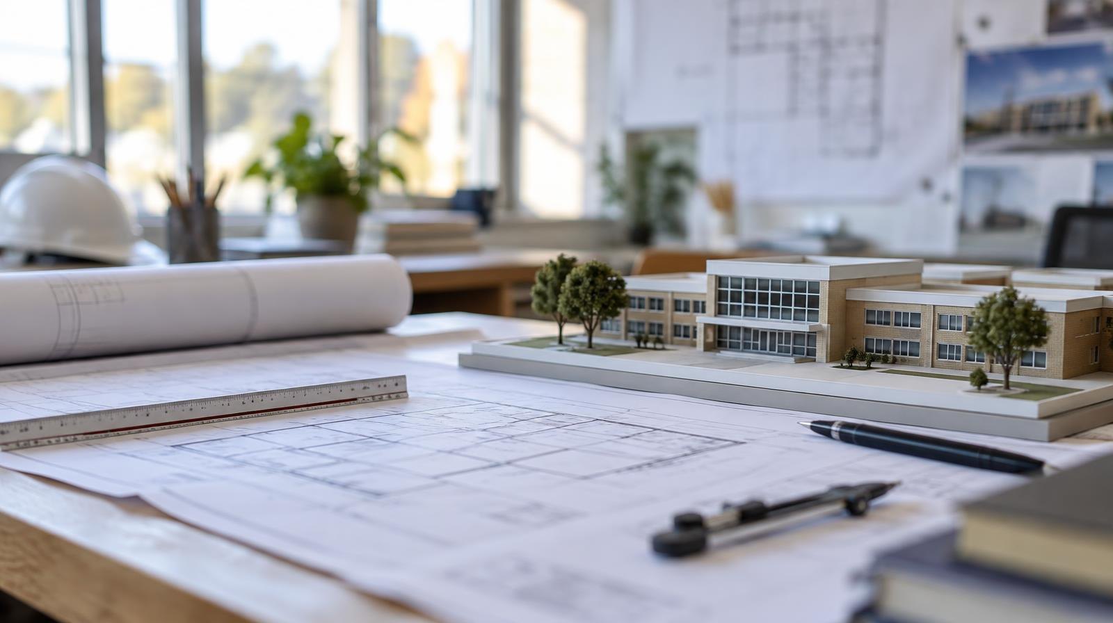 Blueprints and drafting tools on a table next to a small architectural model.