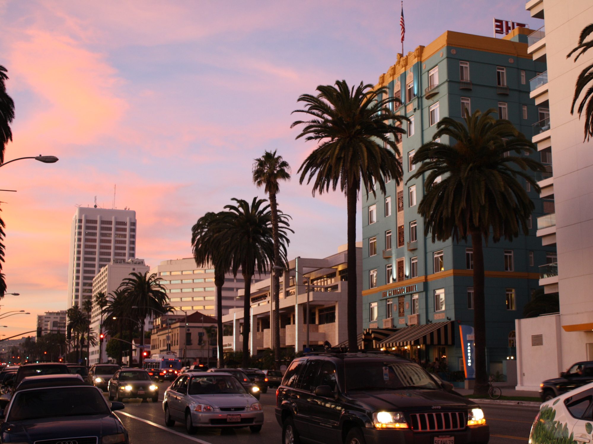 Ocean Avenue at sunset in Santa Monica, California