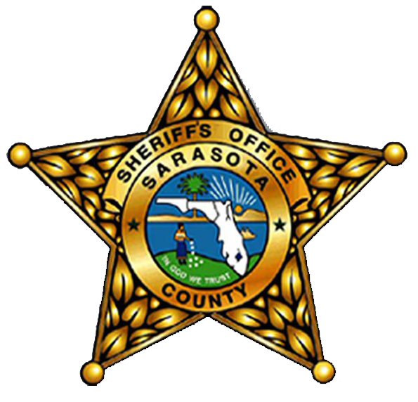 Gold five-pointed star badge bearing the Sarasota County Sheriff's Office seal.