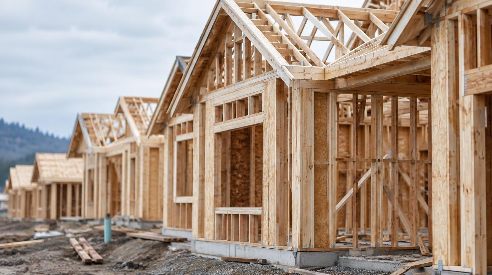 Rows of wood-framed homes under construction with exposed studs and roof trusses.