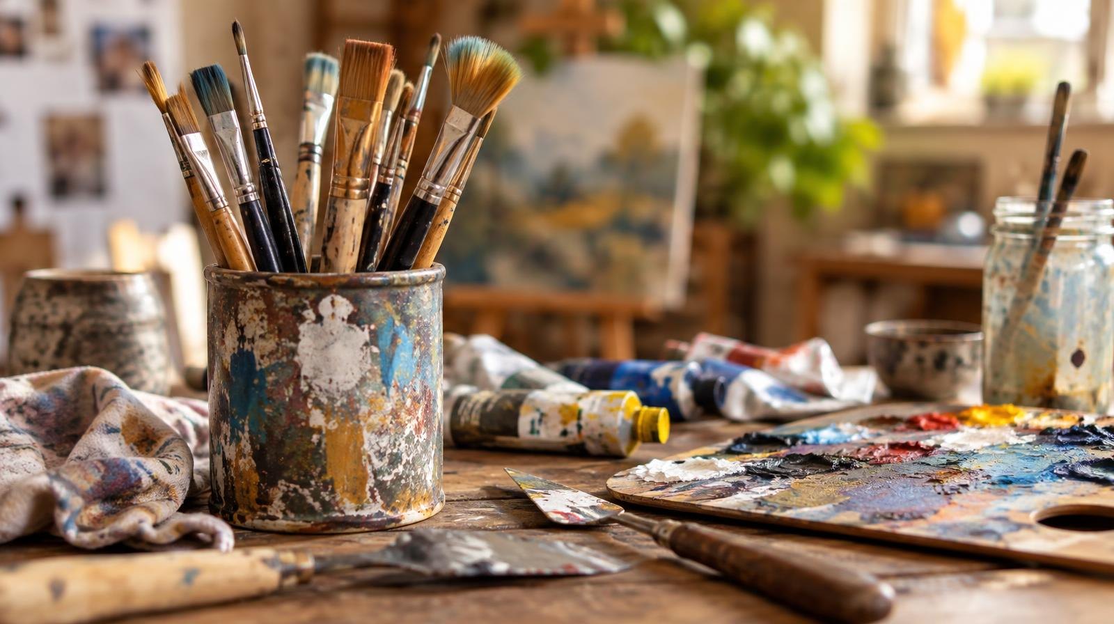 Colorful paintbrushes, palette knives, and paint tubes on a wooden table.