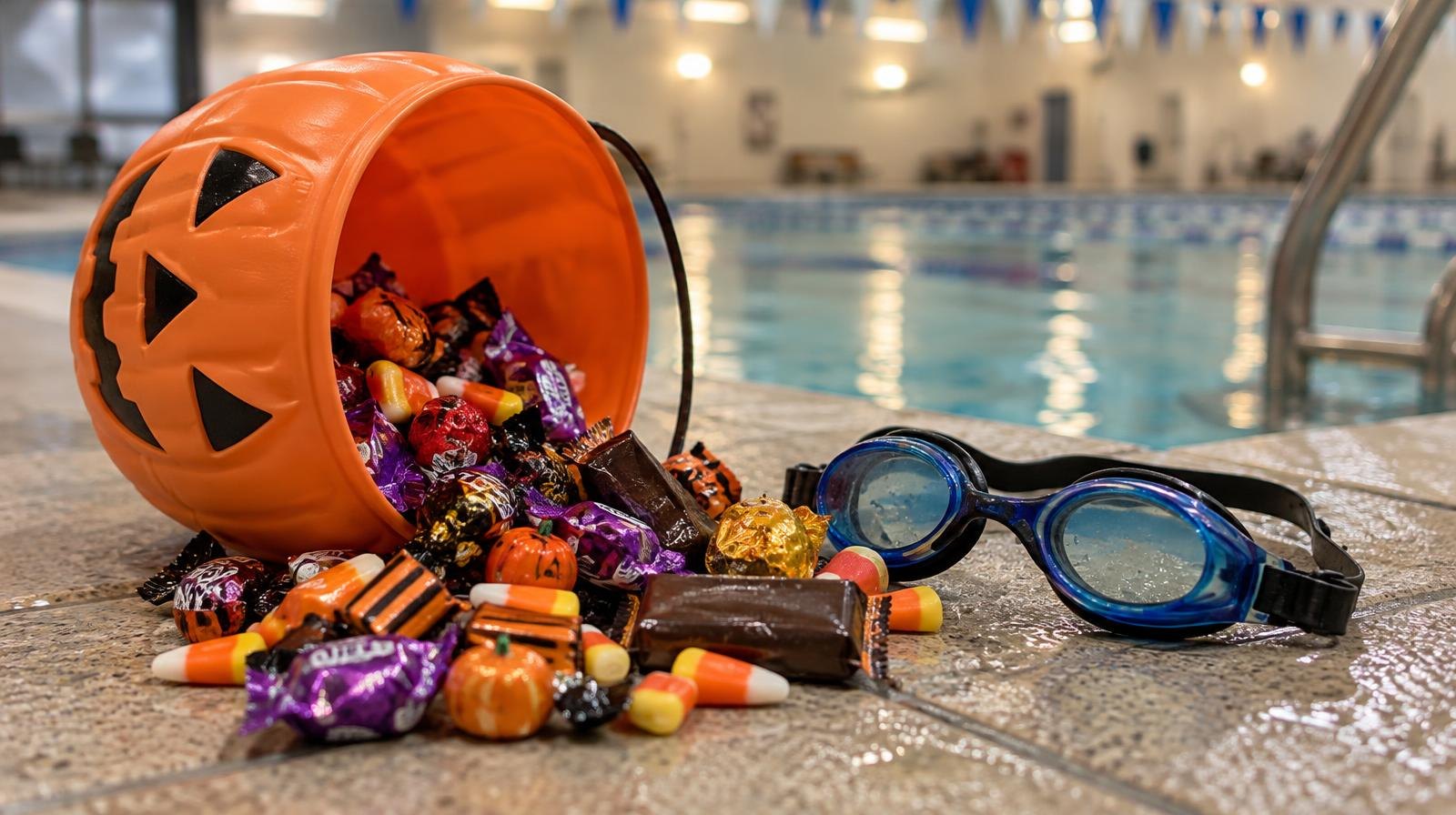Halloween candy spilling from a jack-o'-lantern bucket next to swim goggles on a pool deck.