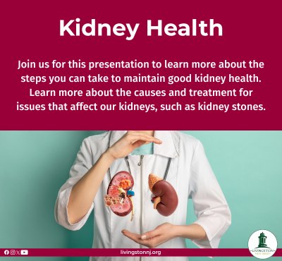 Promotional flyer for a kidney health presentation, showing a person in a white lab coat holding a kidney model.