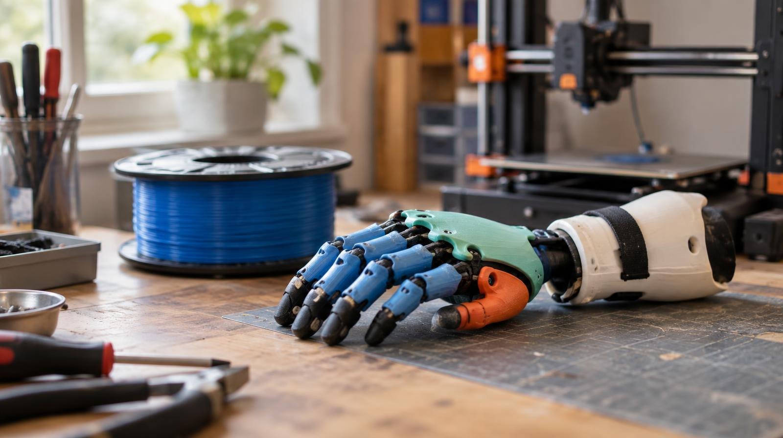 Colorful 3D-printed prosthetic hand on a workbench beside a filament spool and small printer.
