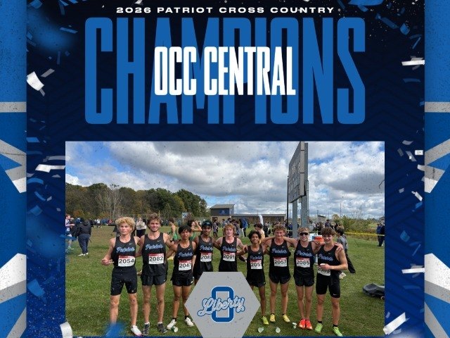 Championship graphic showing male cross country runners in uniform on a blue and white confetti background.
