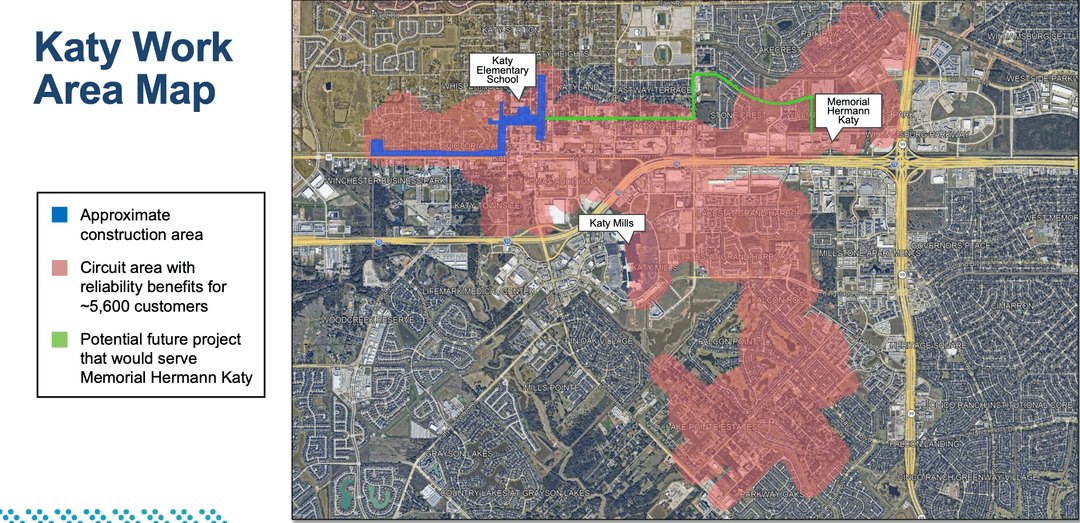 Color-coded aerial map showing underground power line construction zone and customer benefit area in Katy.