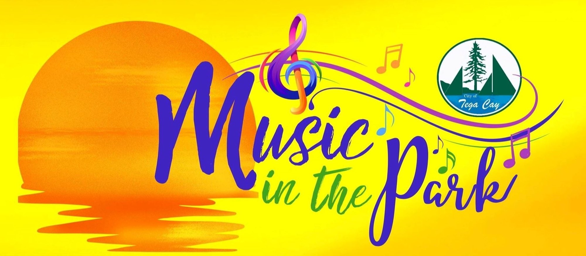 Promotional graphic with musical notes and a sunset over water reading Music in the Park.