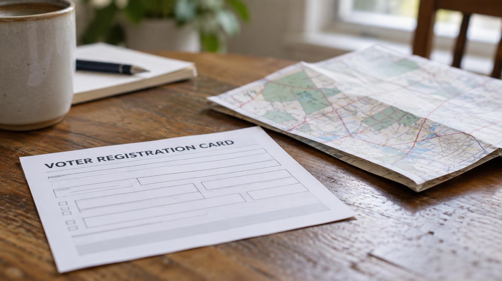 A blank voter registration card and a folded paper map resting on a wooden table.