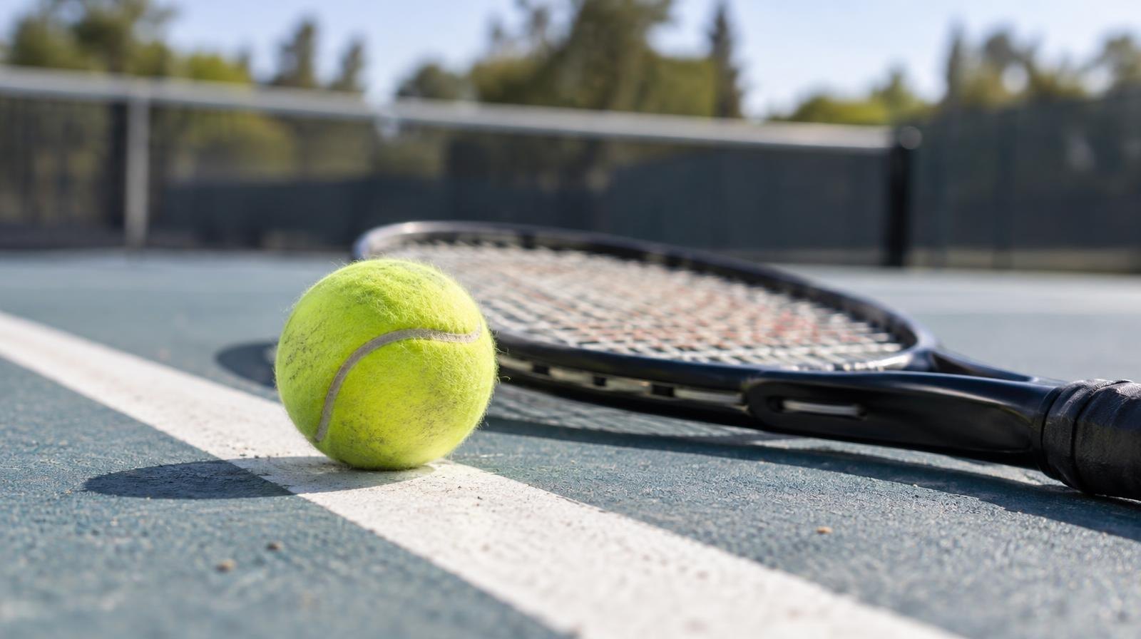 A yellow tennis ball and racket resting on a hard court beside a white baseline.