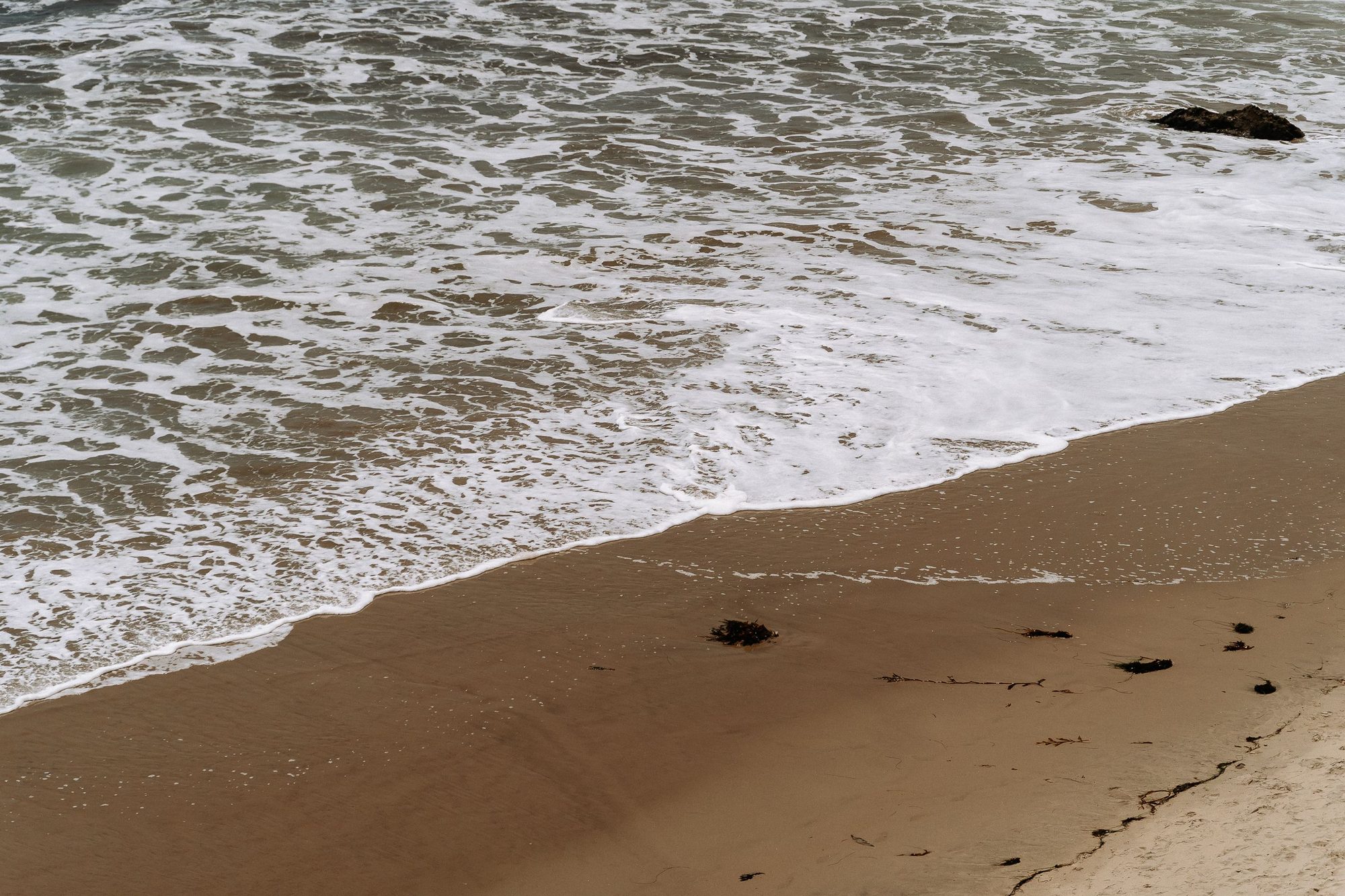 Tranquil beach scene with soft waves lapping on sandy shore, ideal for relaxation themes.