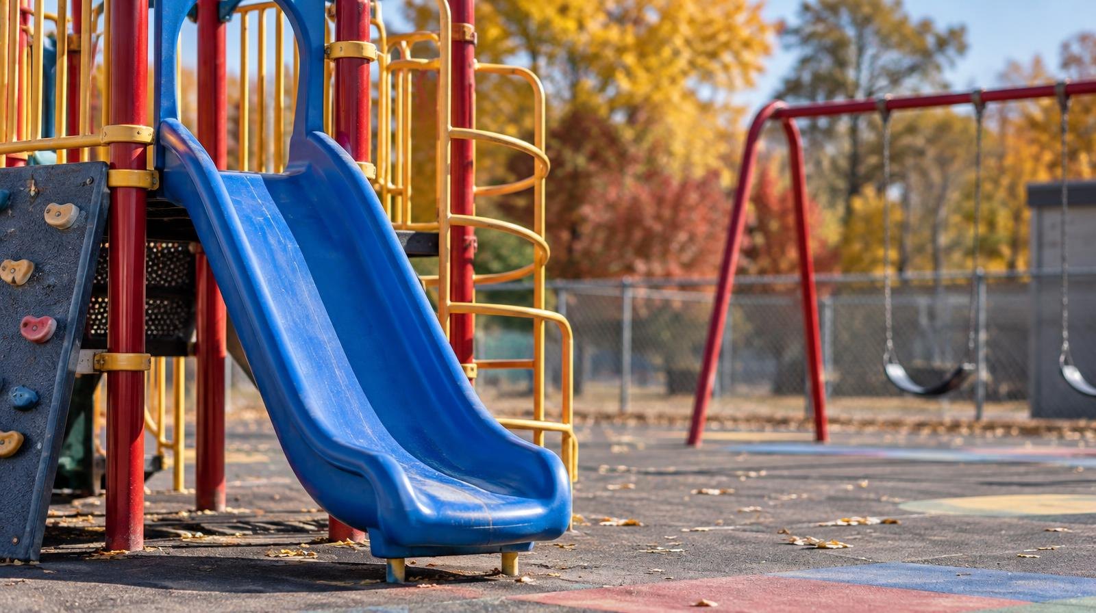 Colorful slide, climbing bars, and swings on an empty school playground blacktop.
