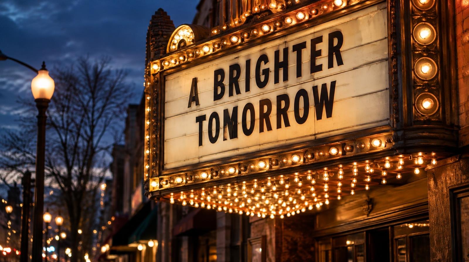 Illuminated vintage theater marquee with glowing bulbs against a dark night sky.