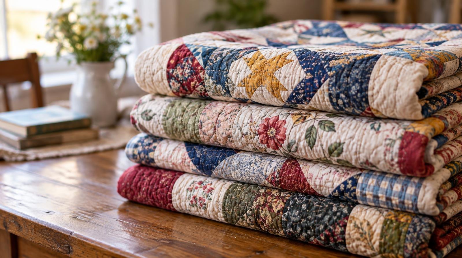 Stack of colorful folded patchwork quilts with geometric and floral patterns.