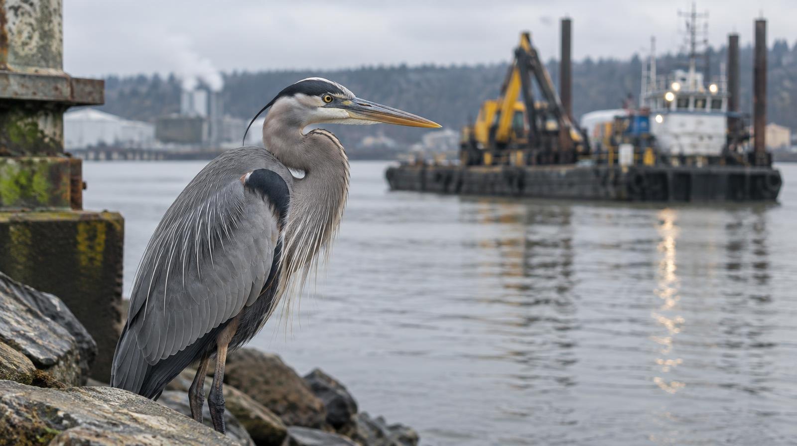 A great blue heron stands at the edge of a murky industrial river with a barge in the background.