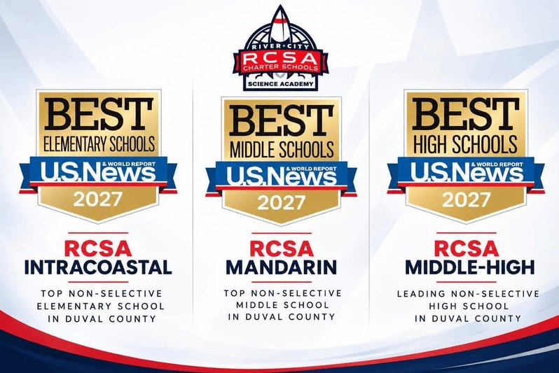 Three U.S. News 2027 Best Schools award badges for River City Science Academy campuses.
