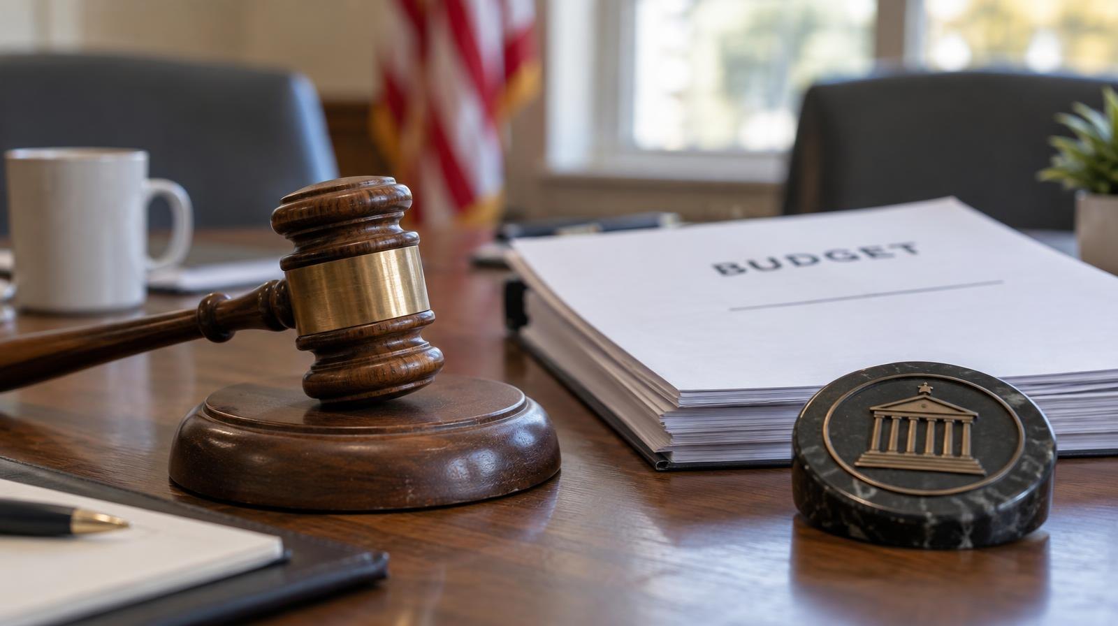 Wooden gavel on its sound block beside a stack of papers on a table.