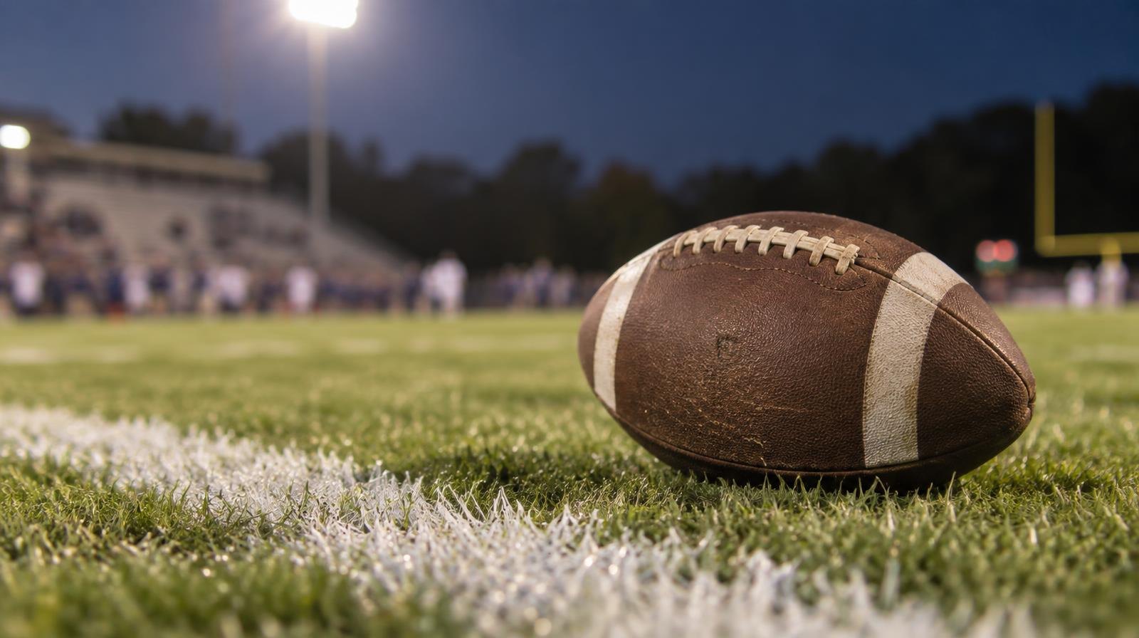 An American football resting on green grass beside a white yard line.